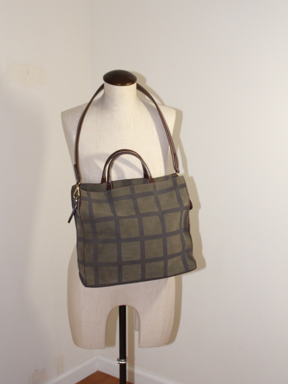 Zara, Checked olive green-brown suede tote bag detachable strap